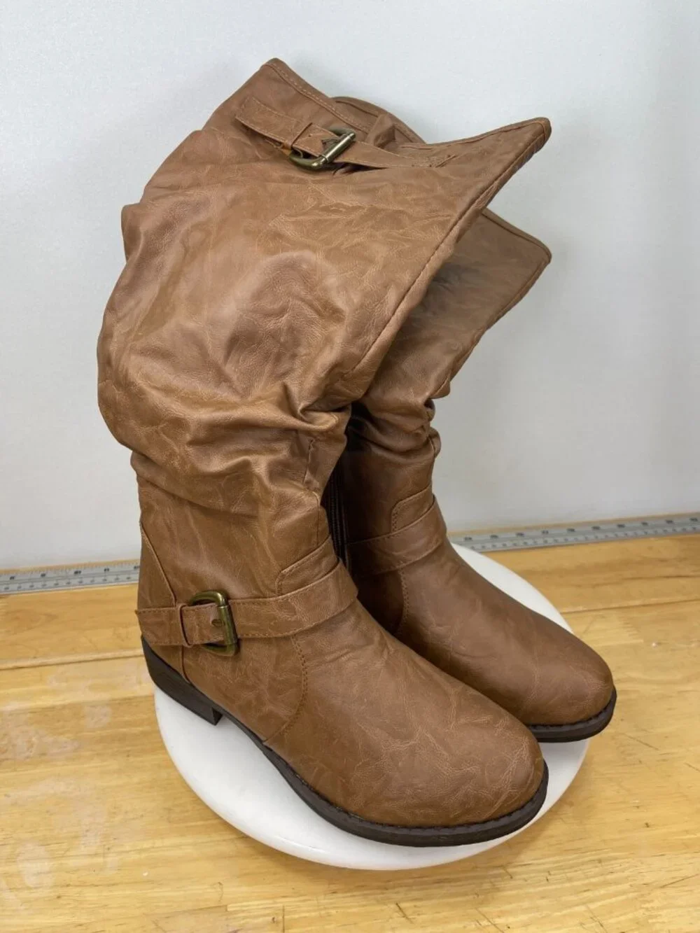 Women’s Tall Riding Boots Tan Buckle Strap Slouch Zip Size 9